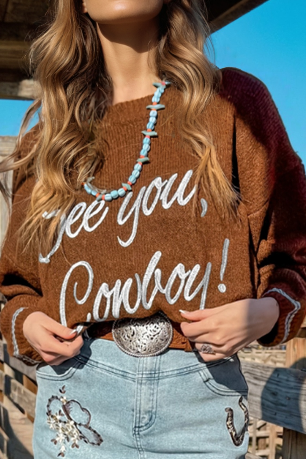 See You Cowboy Embroidered Graphic Sweater Dear-Lover Dropshipping