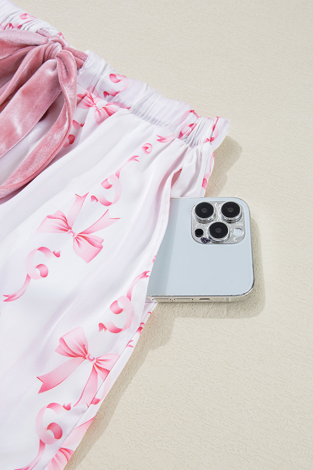 Satin Bow Bell Sleeve Shirt and Ruffled Shorts Pajama Set - Pink