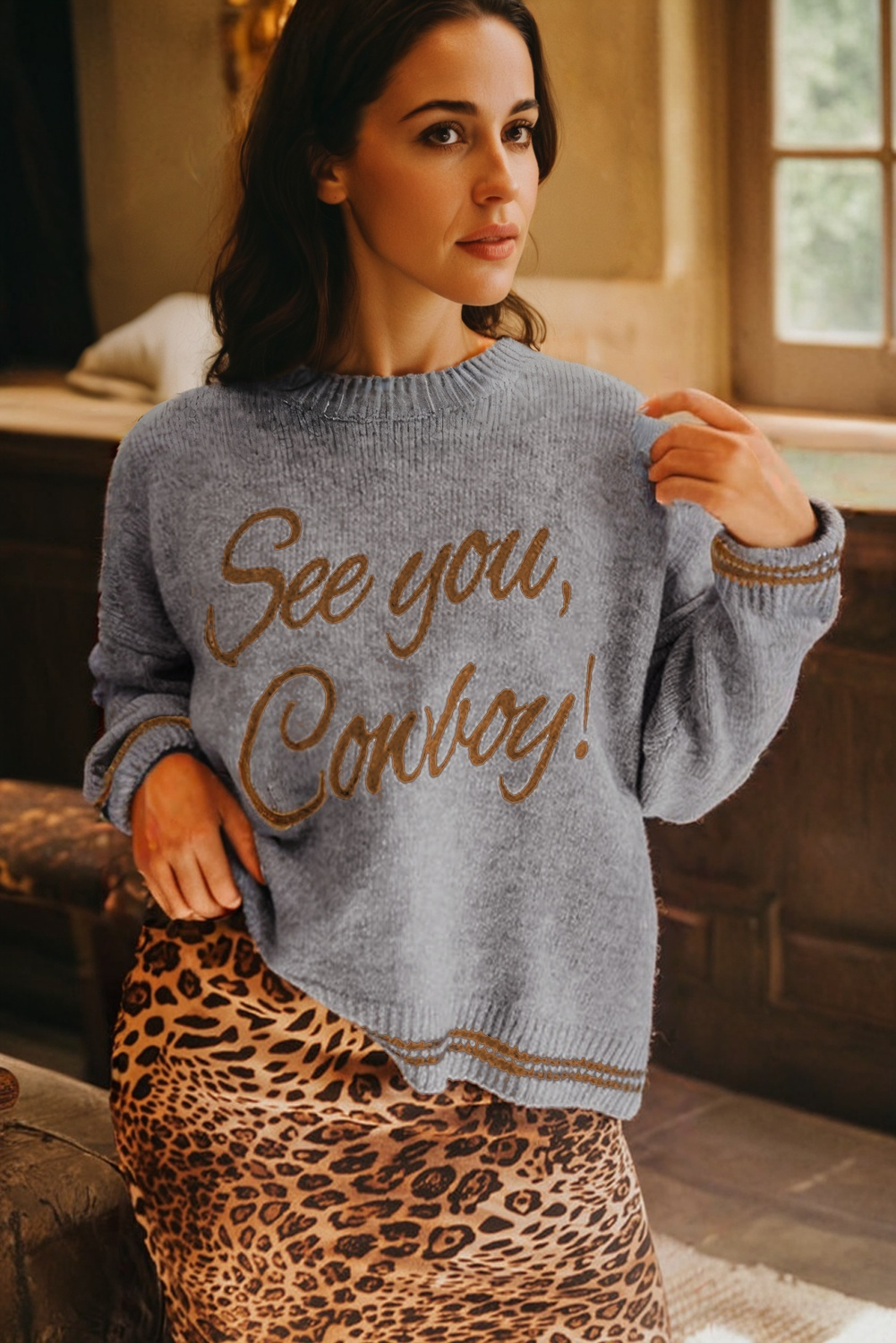 See You Cowboy Embroidered Graphic Sweater Dear-Lover Dropshipping