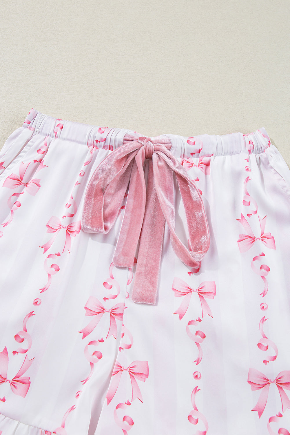 Satin Bow Bell Sleeve Shirt and Ruffled Shorts Pajama Set - Pink