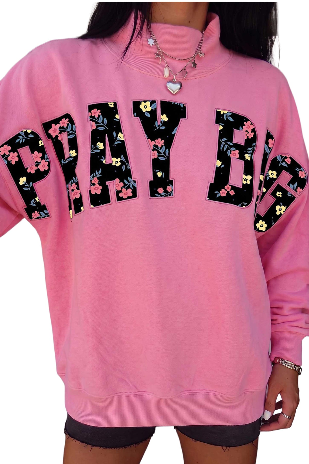Pink PRAY BIG embroidered patch mock neck sweatshirt | Daisie & Co.