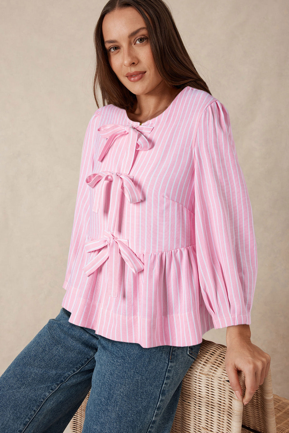 Stripe Bowknot Front Crew Neck Puff Sleeve Blouse - Pink Daisie Boutique