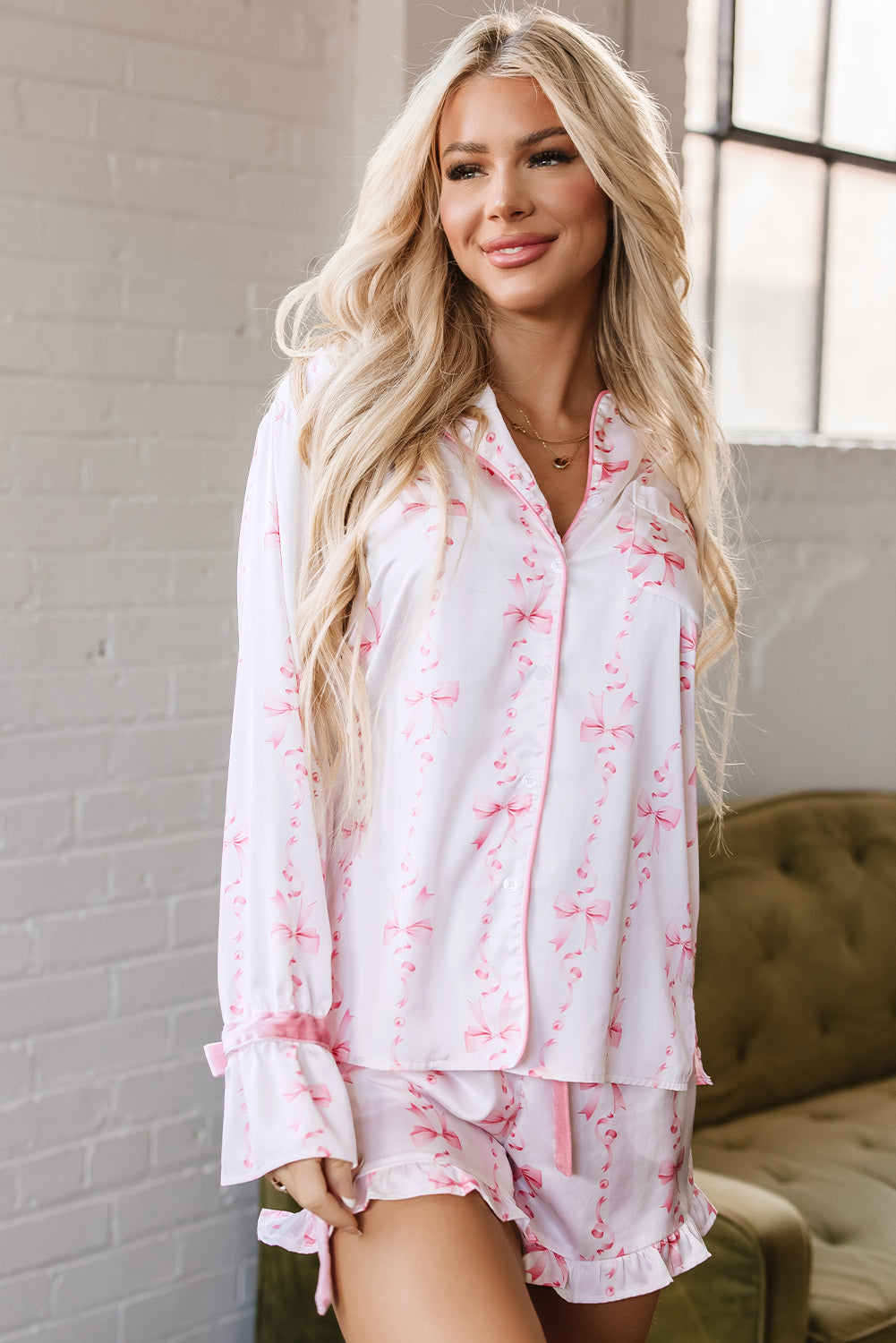 Satin Bow Bell Sleeve Shirt and Ruffled Shorts Pajama Set - Pink