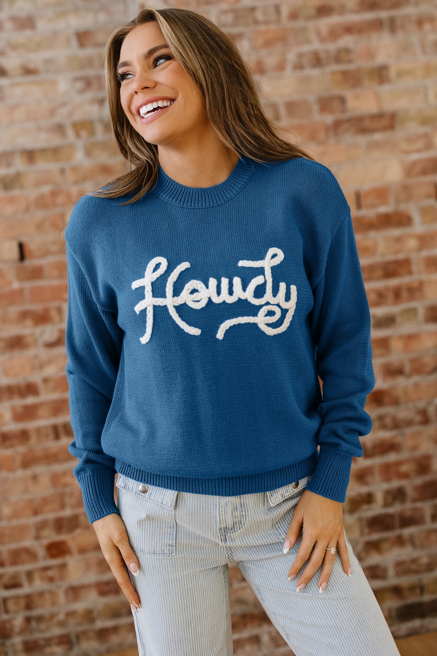 Howdy Embroidered Sweater - Dusk Blue Dear-Lover Dropshipping