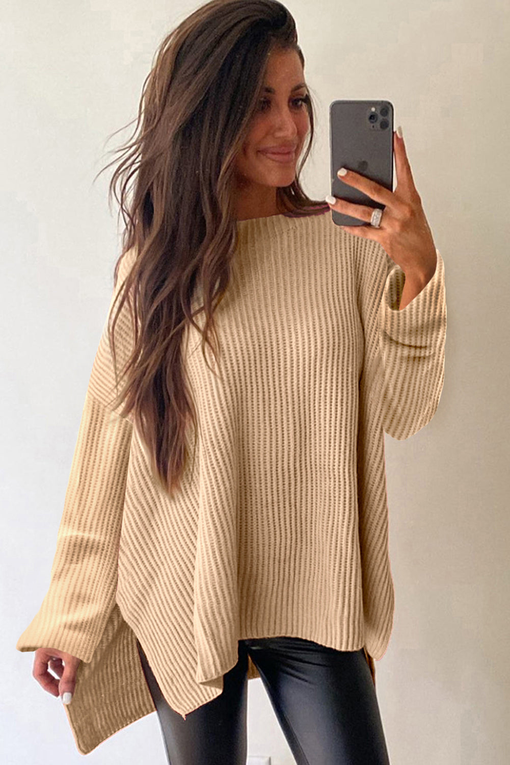 Cable Knit Drop Shoulder Side Slits Loose Sweater