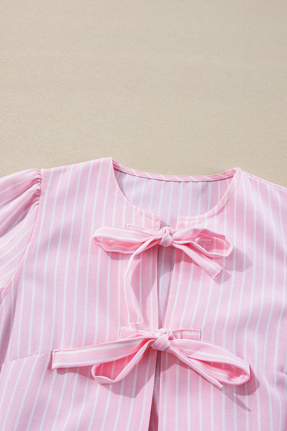 Stripe Bowknot Front Crew Neck Puff Sleeve Blouse - Pink Daisie Boutique