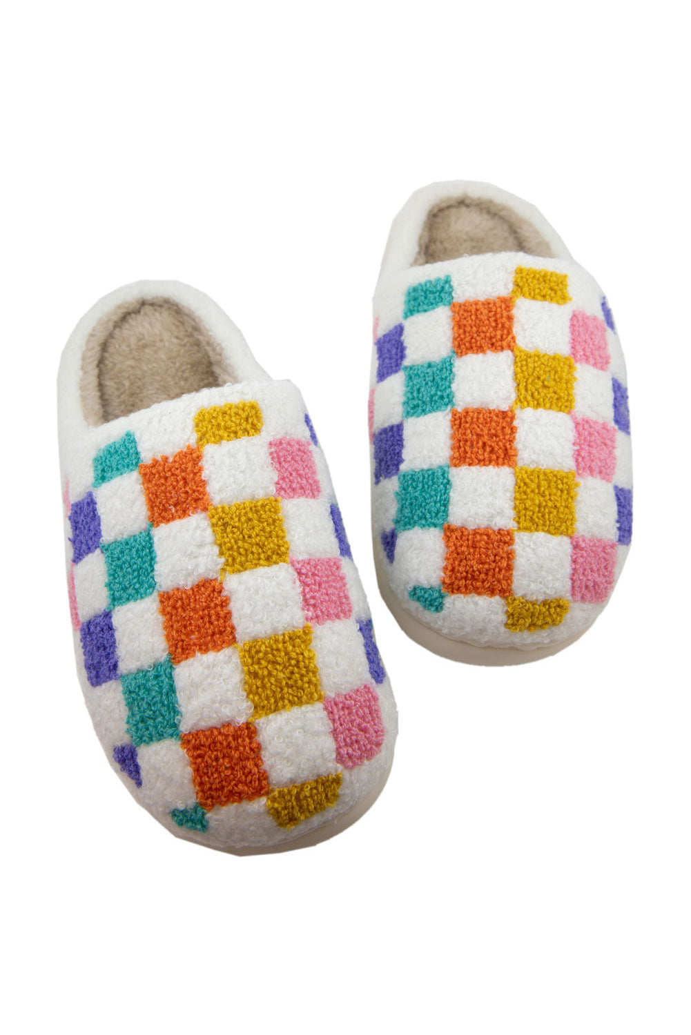White Vibrant Checkered Plush Thermal Slippers Daisie Boutique