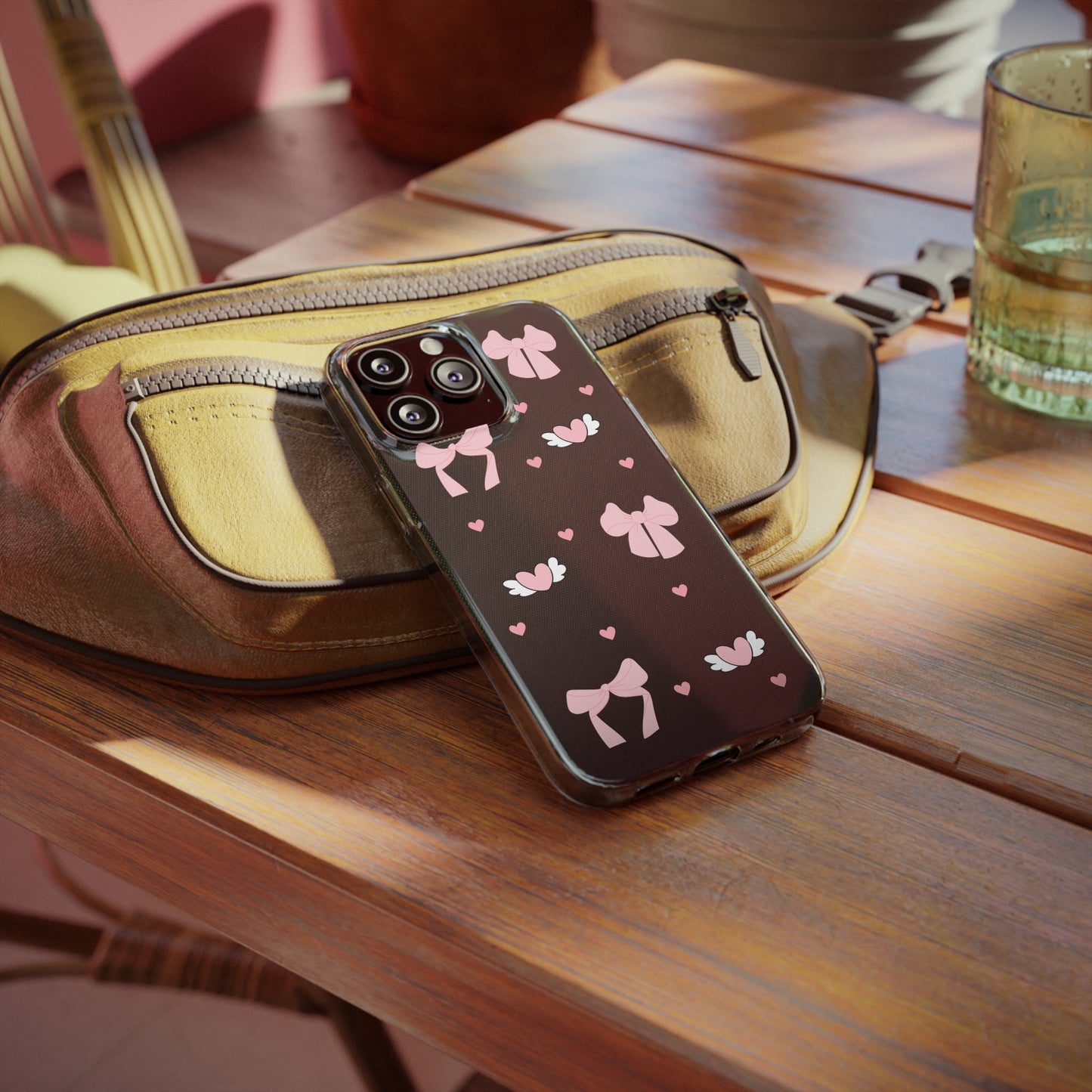Cute Pink Bow Soft Phone Case | Stylish Heart & Wing Design
