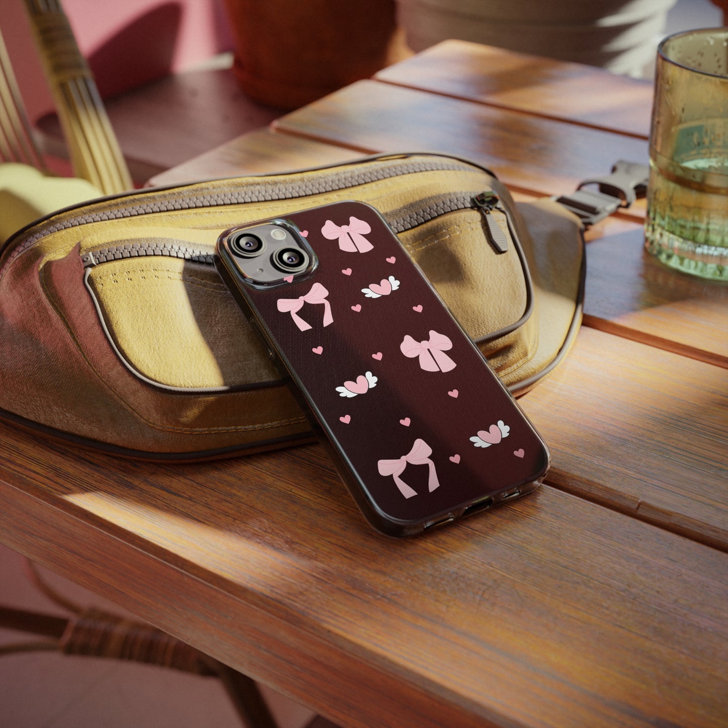 Cute Pink Bow Soft Phone Case | Stylish Heart & Wing Design