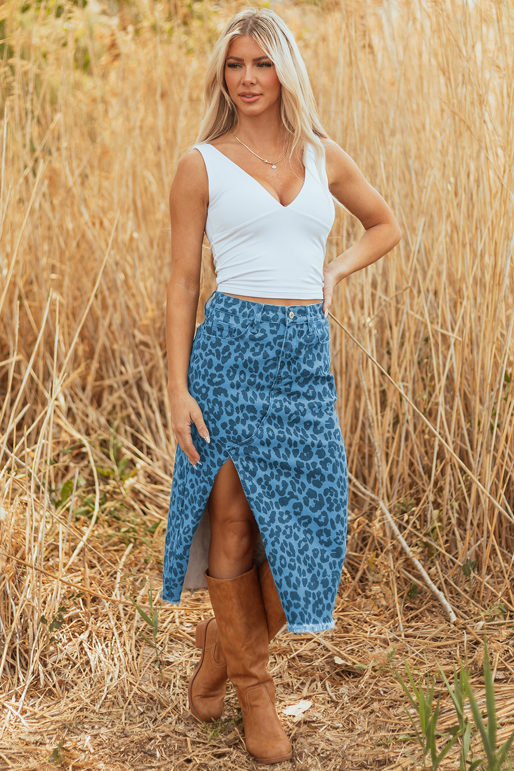 Leopard Denim Midi Skirt Dear-Lover Dropshipping