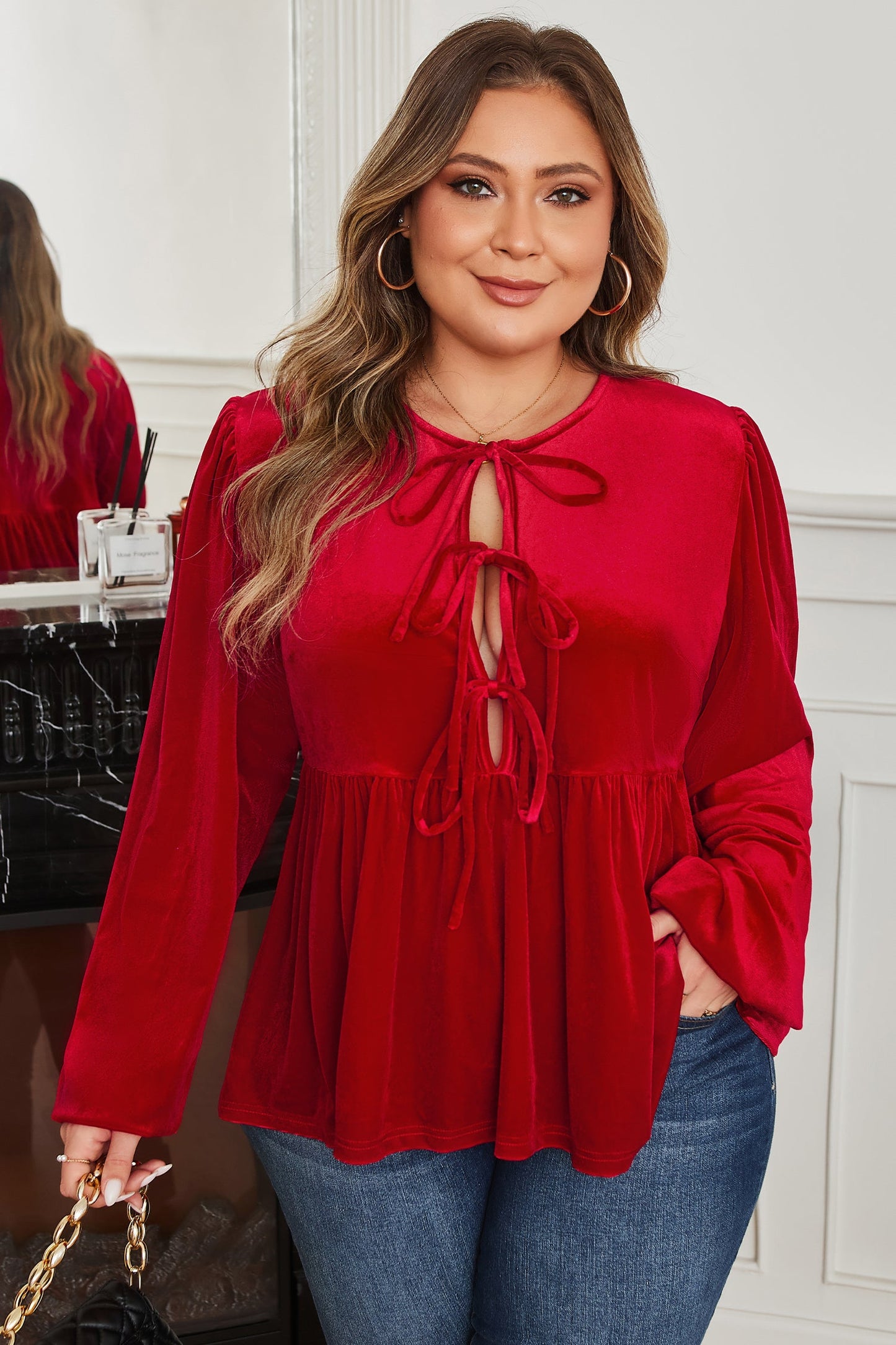 Plus Size Tie Front Velvet Peplum Blouse Dear-Lover Dropshipping