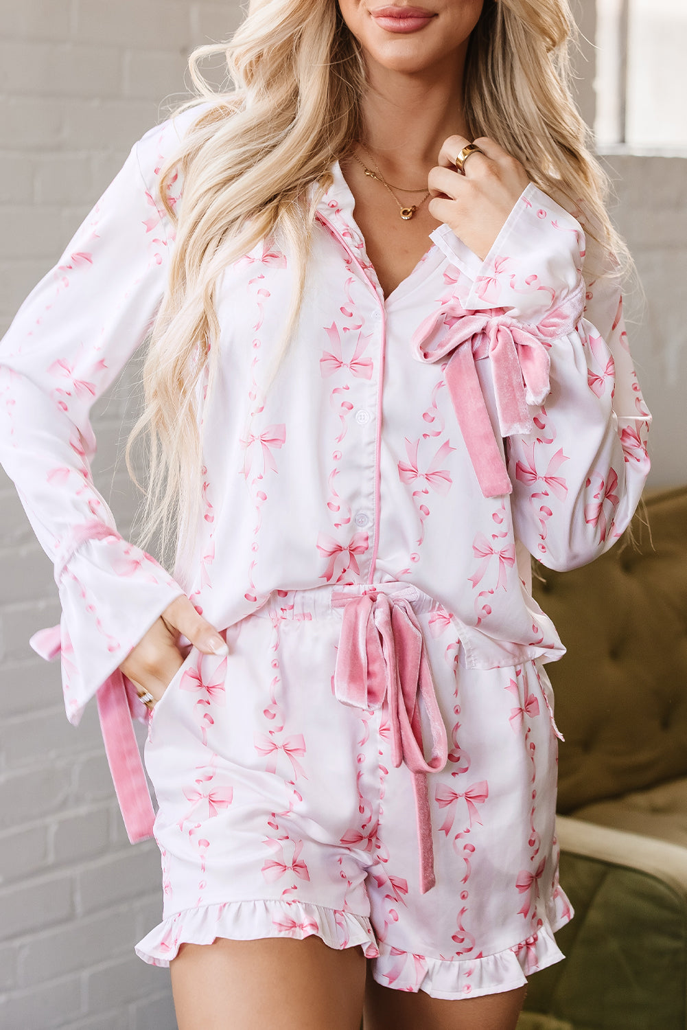 Satin Bow Bell Sleeve Shirt and Ruffled Shorts Pajama Set - Pink