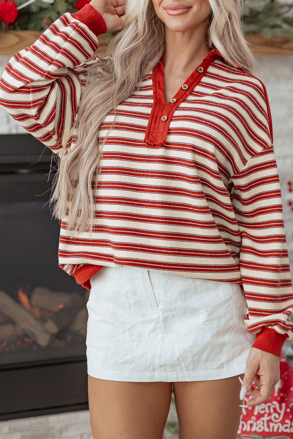 Stripe Buttoned V Neck Collared Top Daisie Boutique