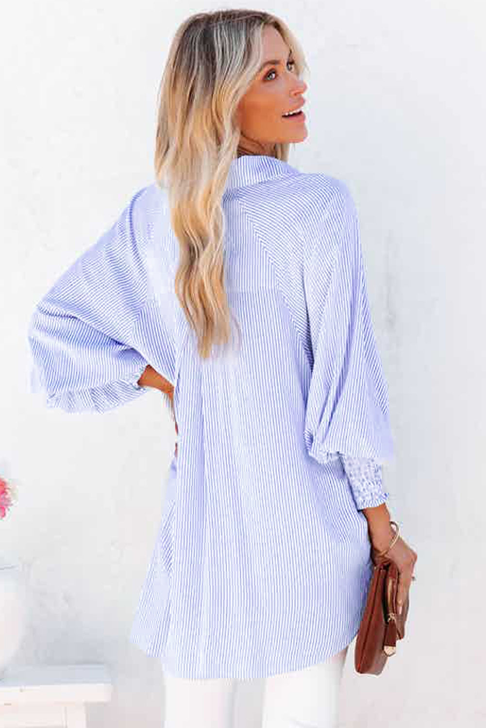 Smocked Cuffed Striped Boyfriend Button Up Shirt with Pocket Daisie Boutique