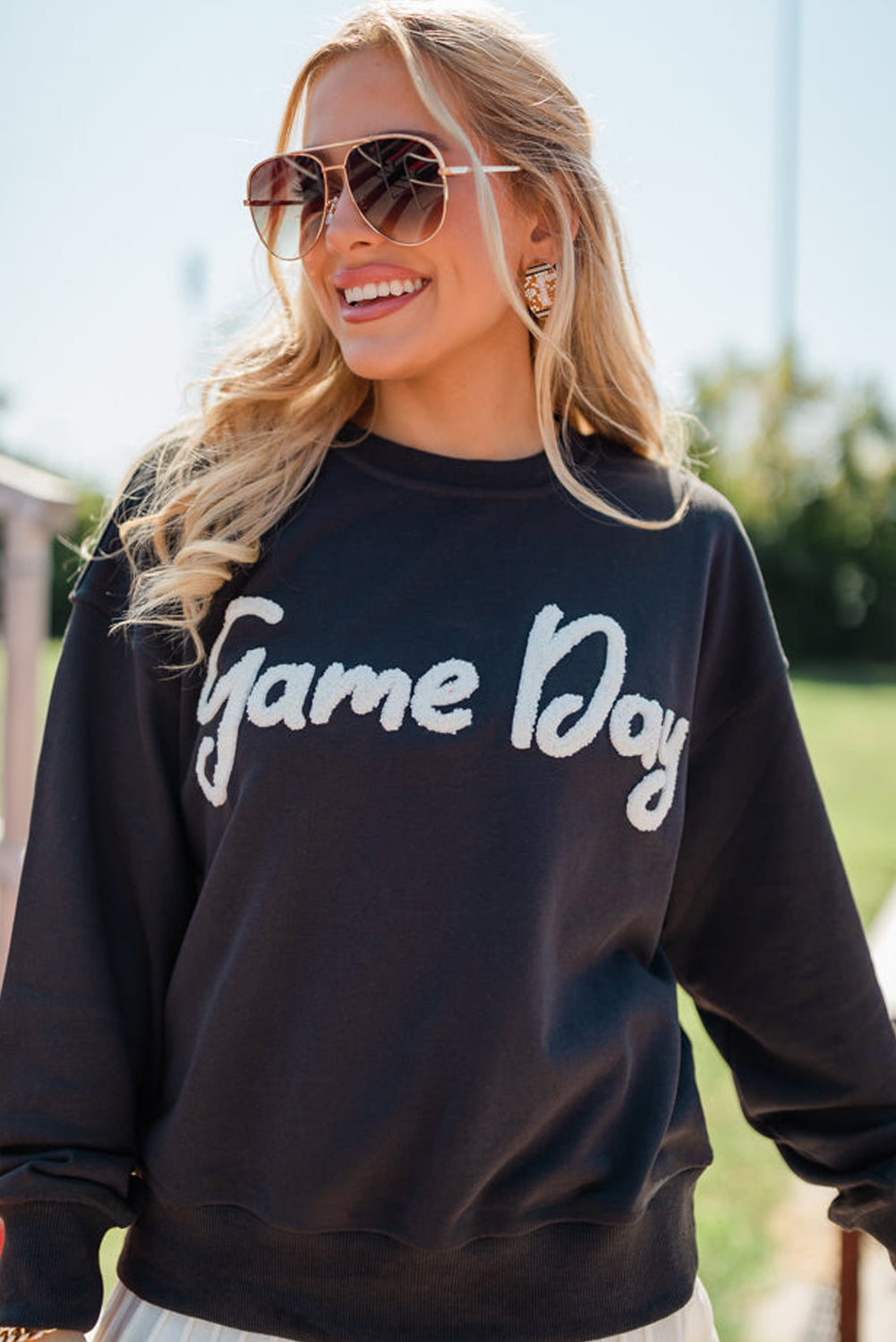 Chenille Game Day Graphic Sweatshirt - Black Dear-Lover Dropshipping