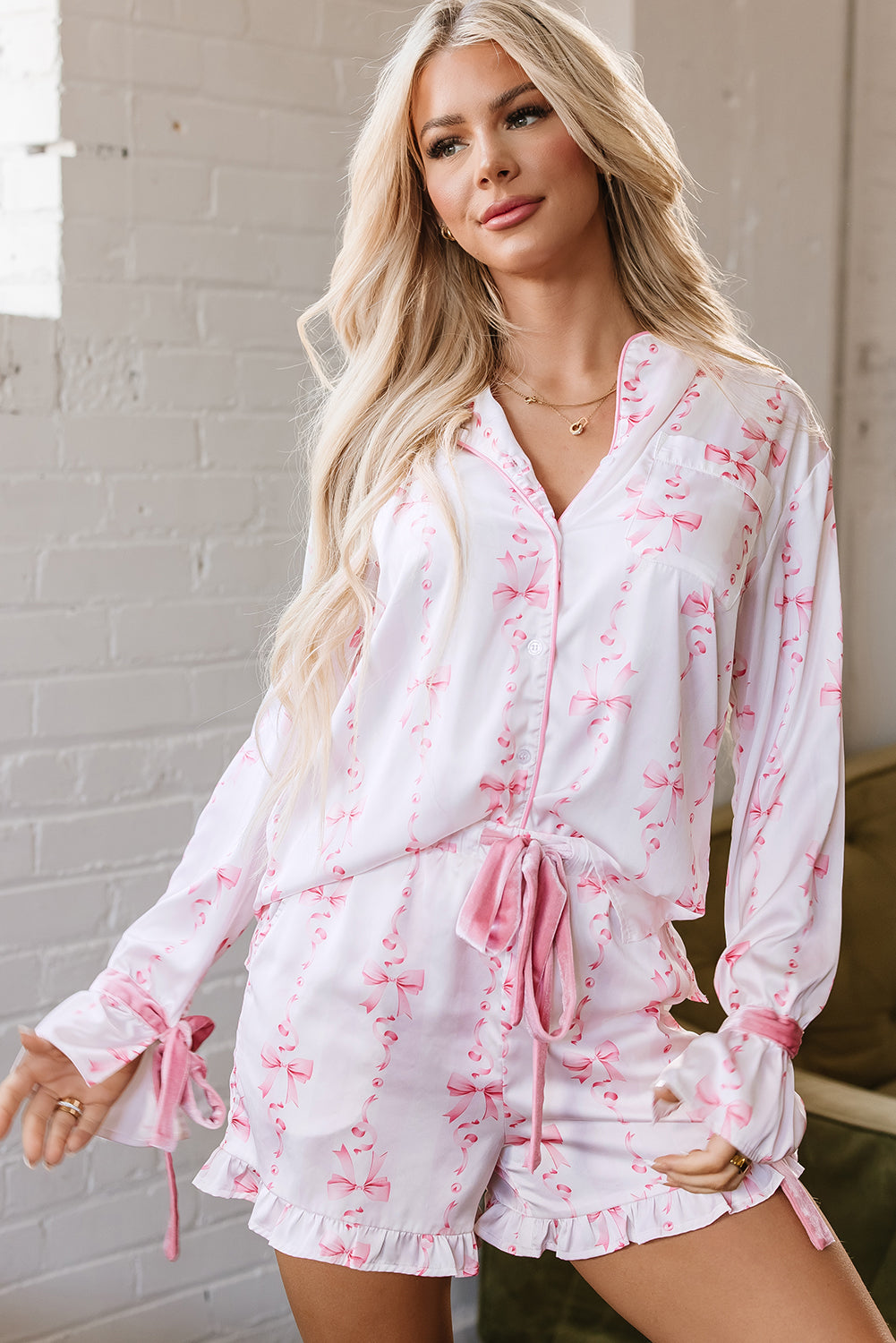 Satin Bow Bell Sleeve Shirt and Ruffled Shorts Pajama Set - Pink
