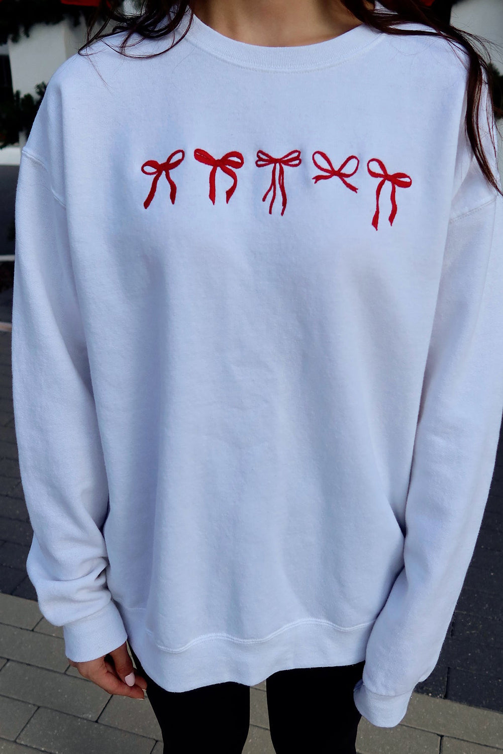 Bow Embroidery Drop Shoulder Sweatshirt - White Daisie Boutique