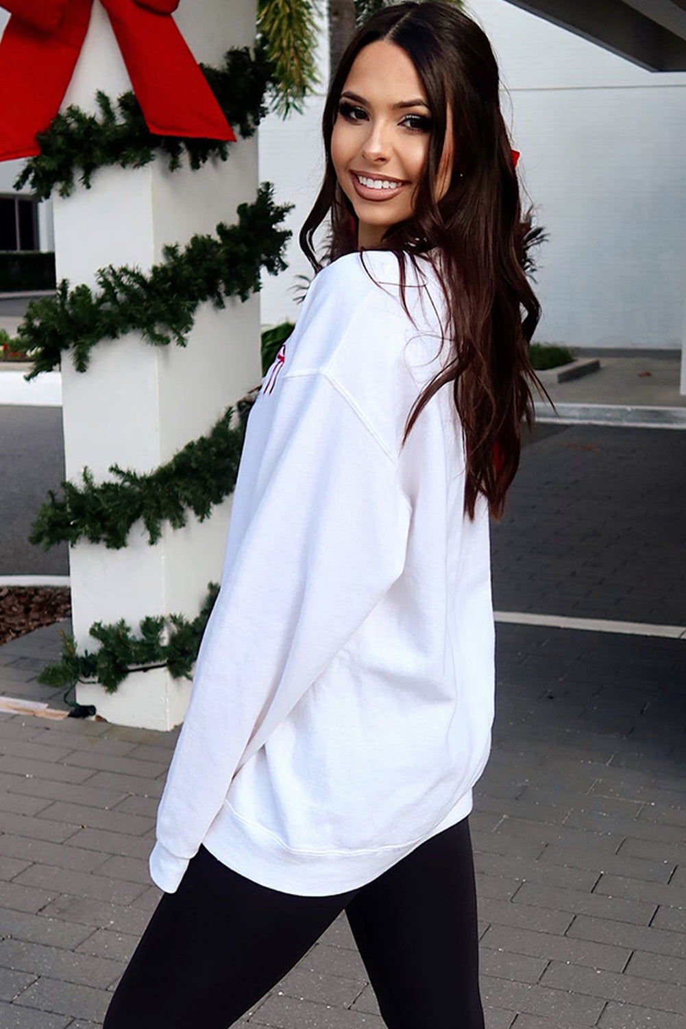 Bow Embroidery Drop Shoulder Sweatshirt - White Daisie Boutique