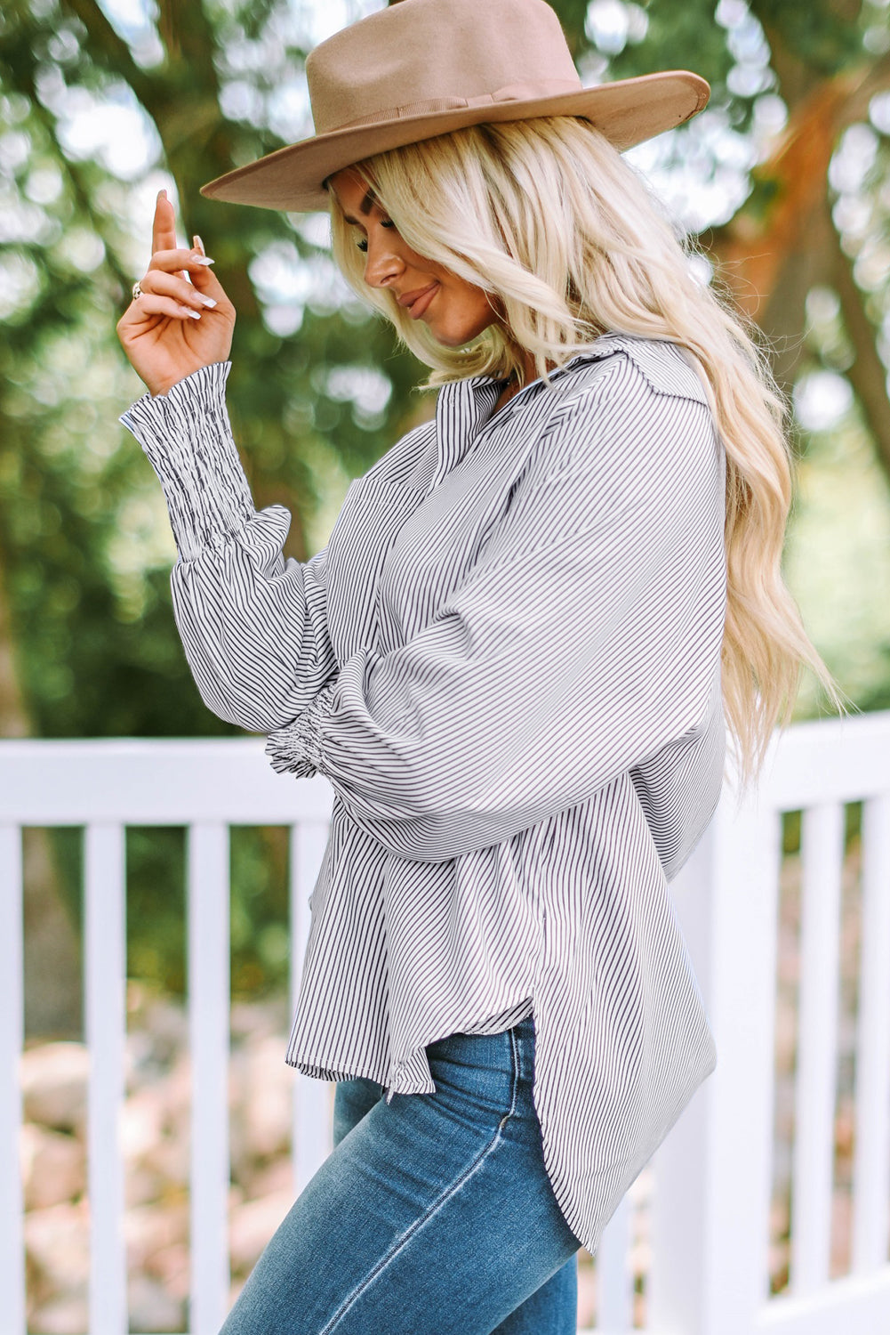 Smocked Cuffed Striped Boyfriend Button Up Shirt with Pocket Daisie Boutique