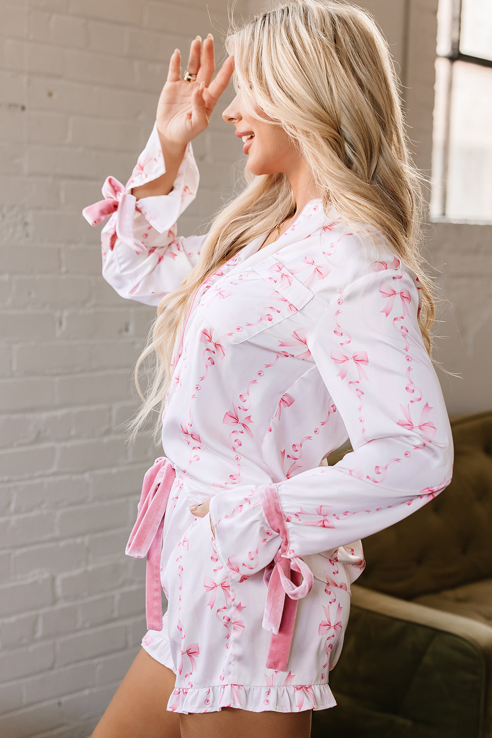 Satin Bow Bell Sleeve Shirt and Ruffled Shorts Pajama Set - Pink