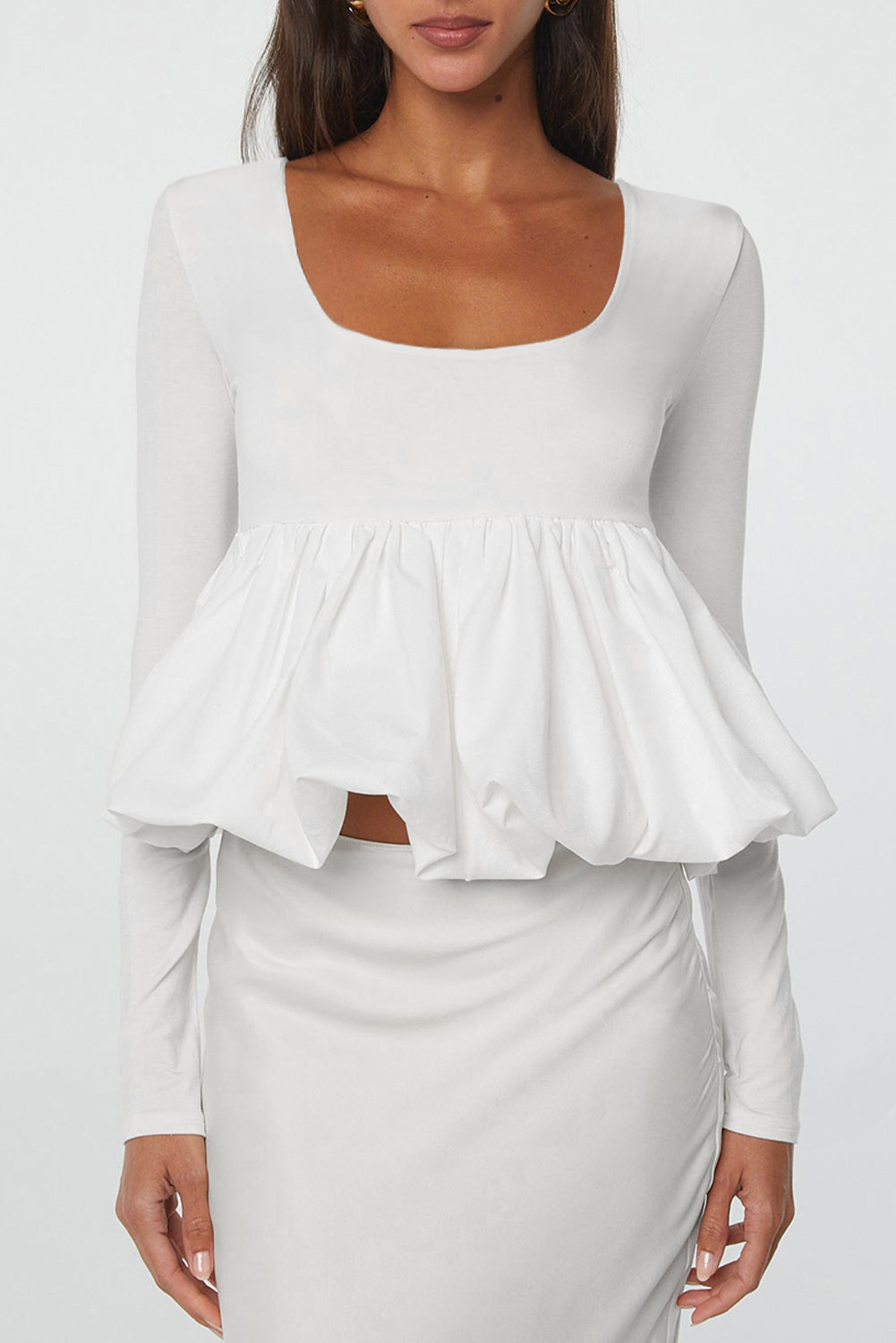 U Neck Long Sleeve Bubble Top - White