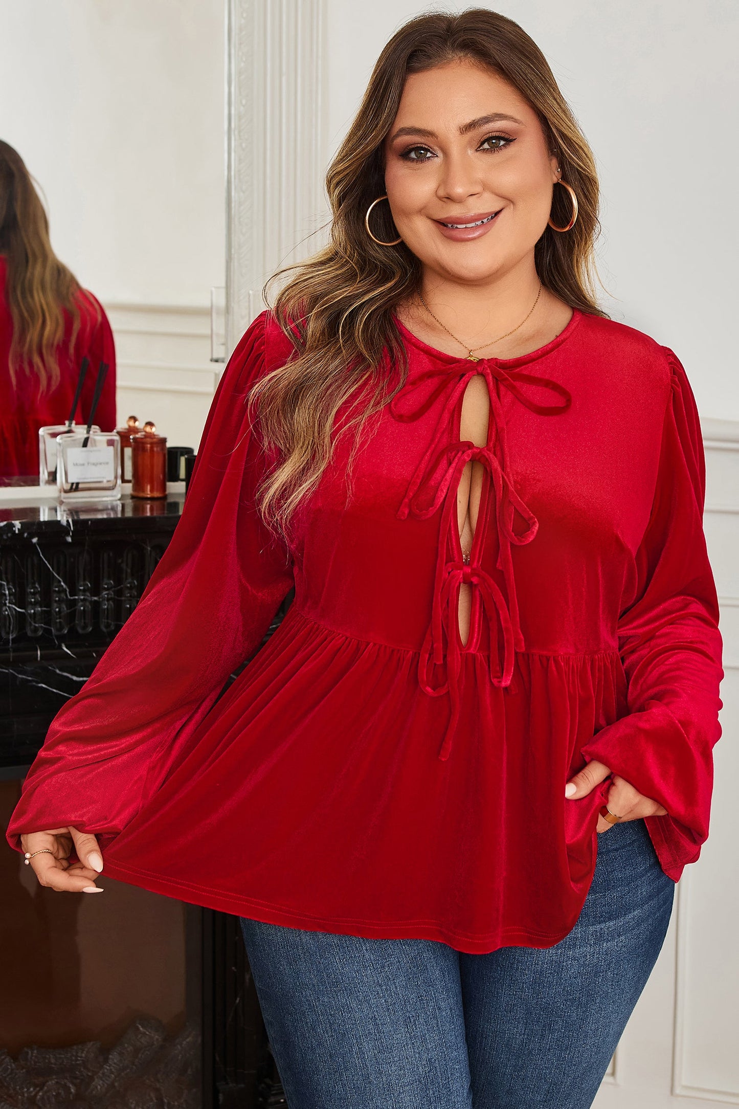 Plus Size Tie Front Velvet Peplum Blouse Dear-Lover Dropshipping