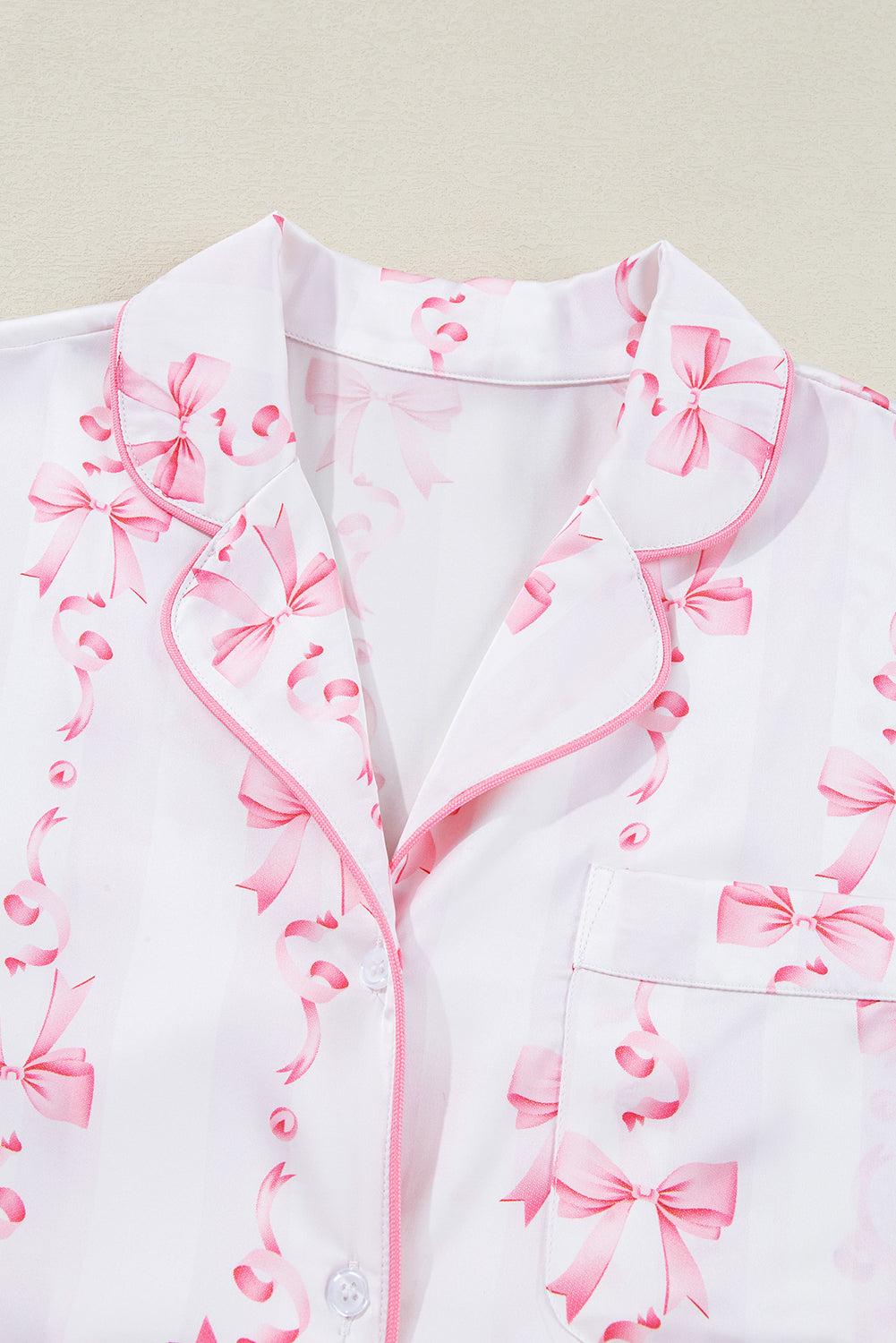 Satin Bow Bell Sleeve Shirt and Ruffled Shorts Pajama Set - Pink