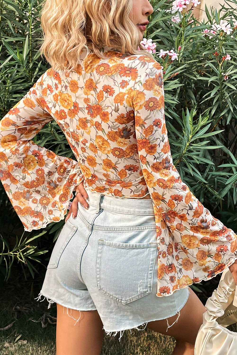 Orange Floral Printed Bell Sleeve Scallop Trim Blouse
