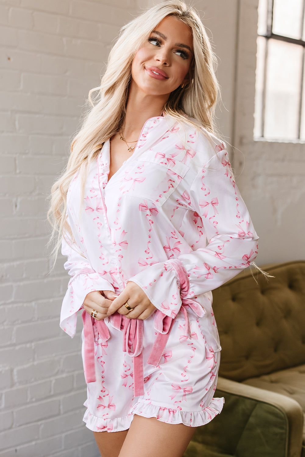 Satin Bow Bell Sleeve Shirt and Ruffled Shorts Pajama Set - Pink