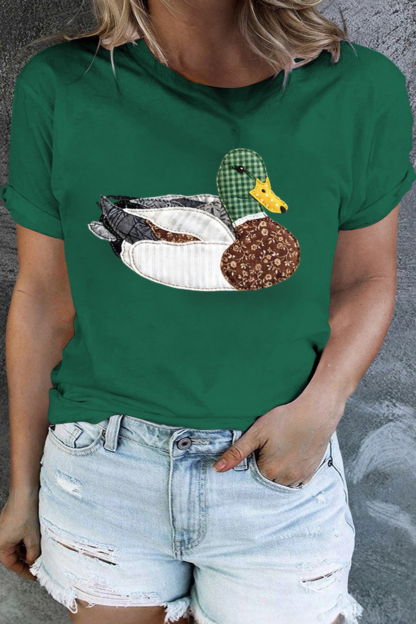 Dark Green Faux Patchwork Mallard Duck Plus Size Graphic Tee Dear-Lover Dropshipping