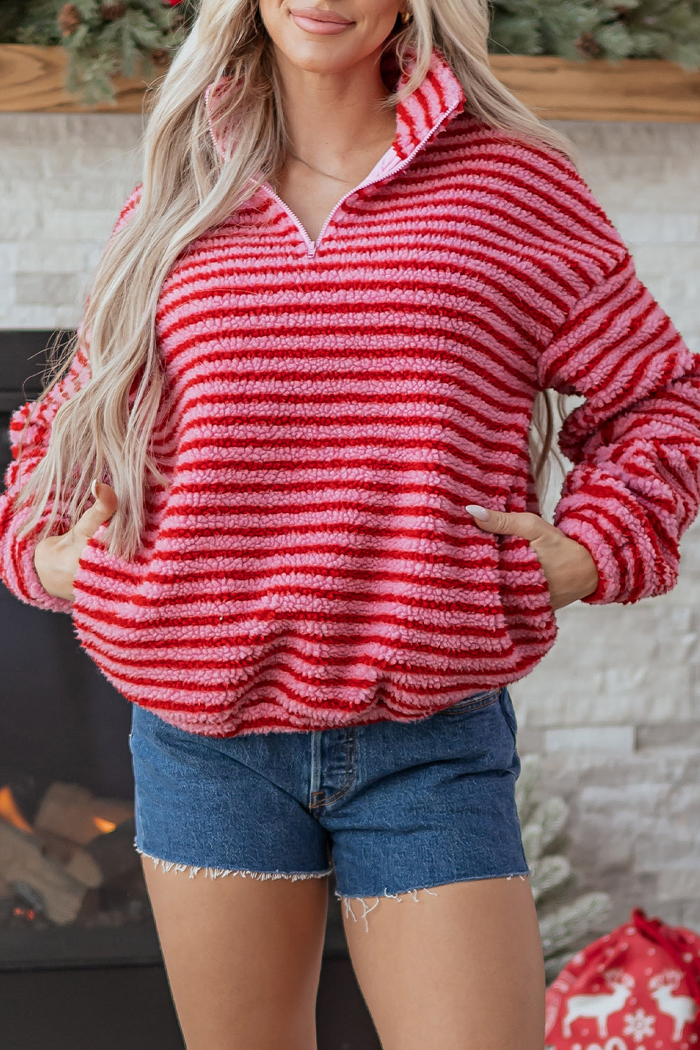 Pink Stripe Quarter Zip Fleece Oversize Sweatshirt Dear-Lover Dropshipping