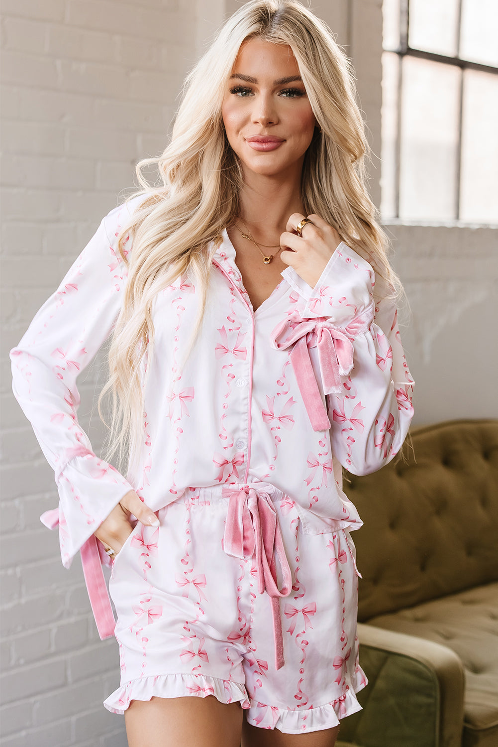 Satin Bow Bell Sleeve Shirt and Ruffled Shorts Pajama Set - Pink