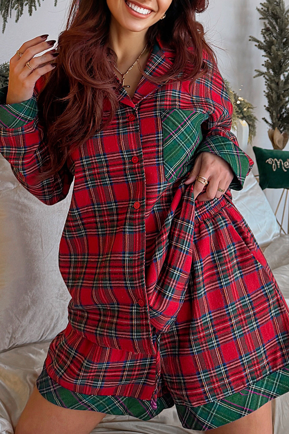 Plaid Holiday Long Sleeve and Short Pajama Set Dear-Lover Dropshipping