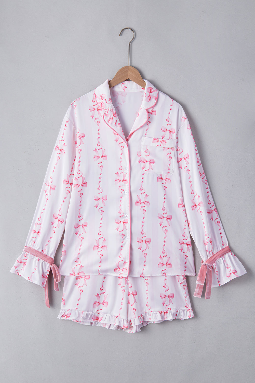 Satin Bow Bell Sleeve Shirt and Ruffled Shorts Pajama Set - Pink
