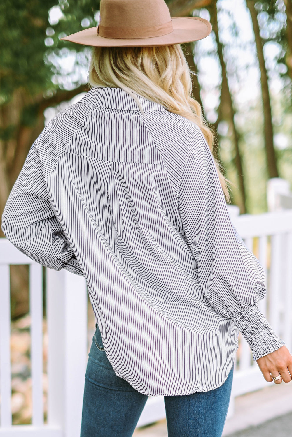 Smocked Cuffed Striped Boyfriend Button Up Shirt with Pocket Daisie Boutique