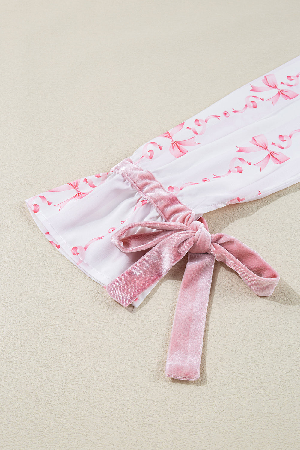 Satin Bow Bell Sleeve Shirt and Ruffled Shorts Pajama Set - Pink