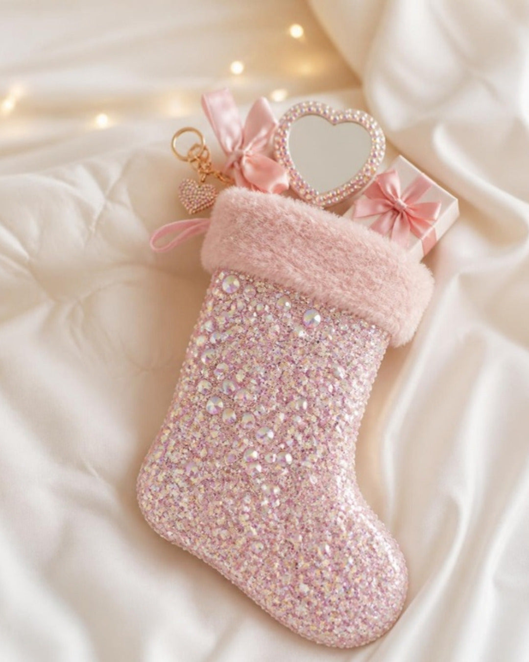 Pink sequin bedazzled Christmas stocking filled with girly gifts, heart mirror, rhinestone keychain and pink bow, Daisie & Co. stocking stuffers