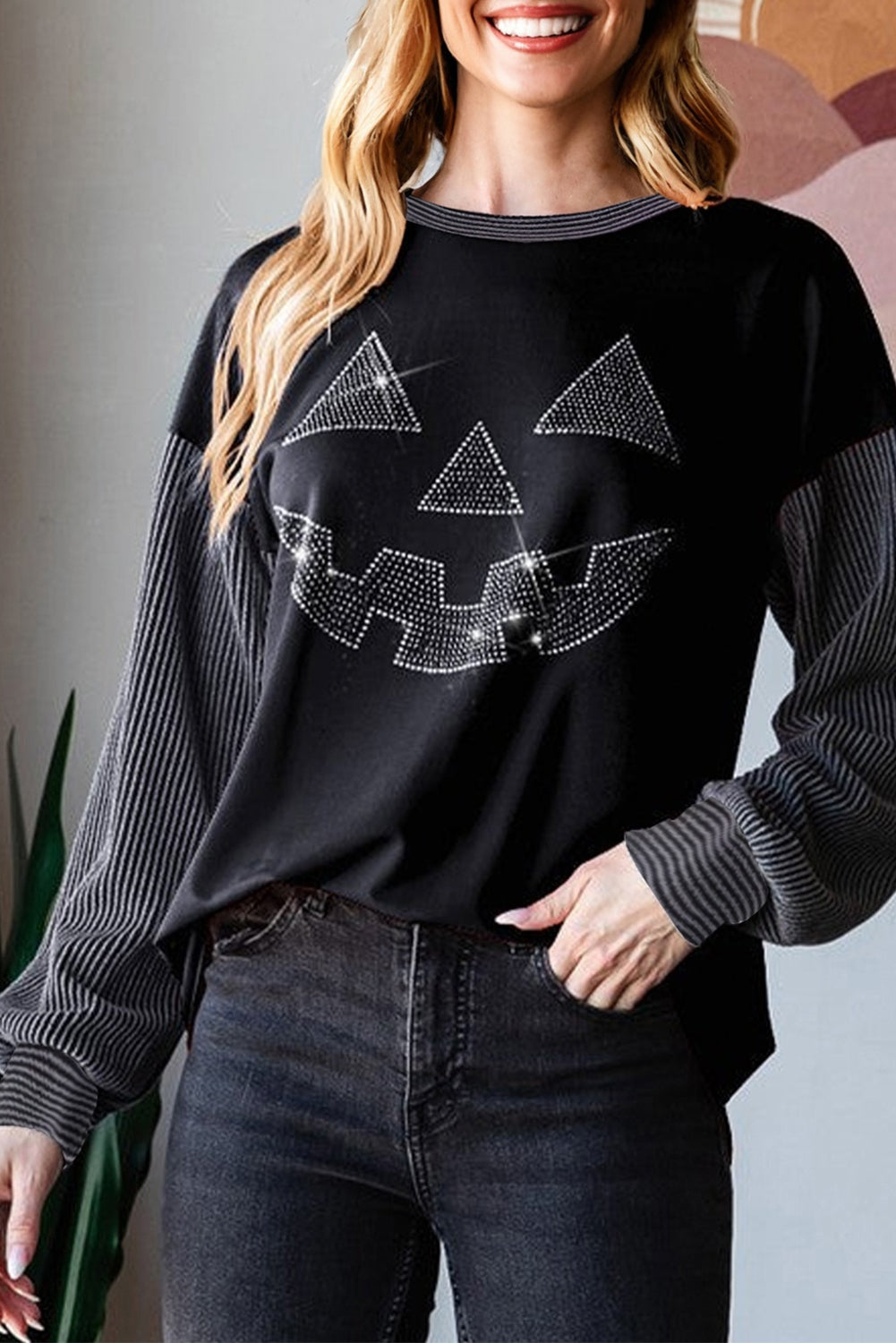 Halloween Rhinestone Pumpkin Face Long Sleeve Top Dear-Lover Dropshipping