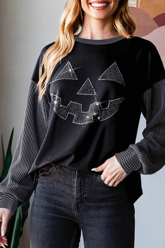 Halloween Rhinestone Pumpkin Face Long Sleeve Top Dear-Lover Dropshipping