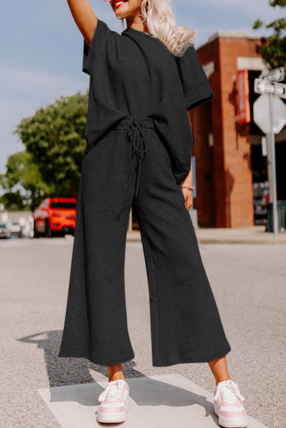 Black Textured Loose Fit T Shirt and Drawstring Pants Set Daisie Boutique