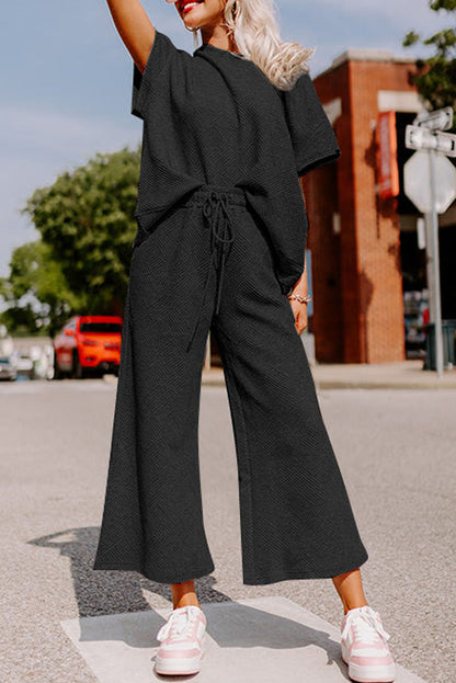 Black Textured Loose Fit T Shirt and Drawstring Pants Set Daisie Boutique