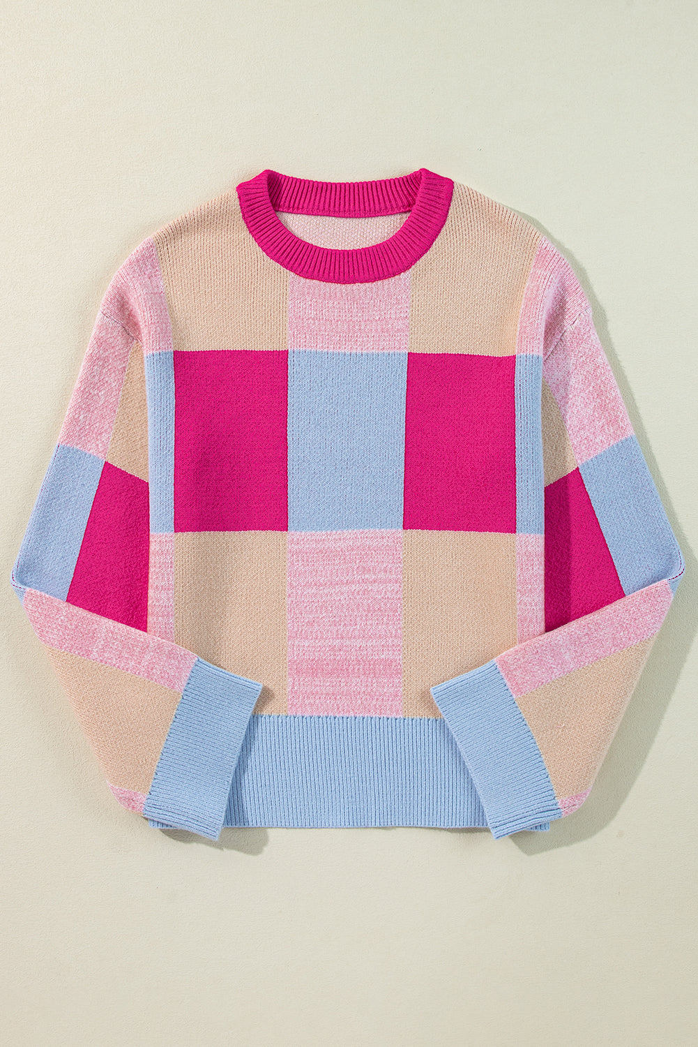 Color Block Drop Shoulder Crewneck Sweater - Rose Red Daisie Boutique