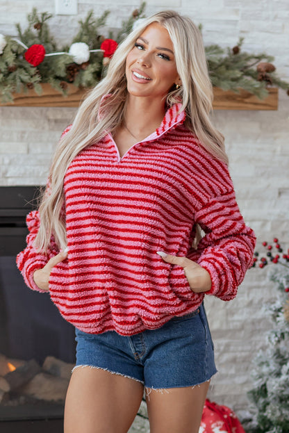 Pink Stripe Quarter Zip Fleece Oversize Sweatshirt Dear-Lover Dropshipping