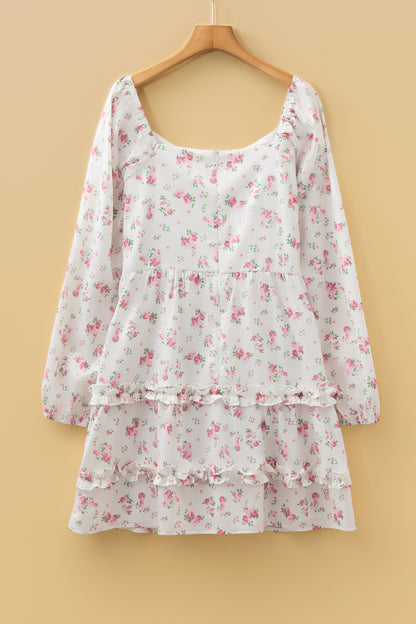 Floral Long Sleeve Ruffle Detail Flared Mini Dress