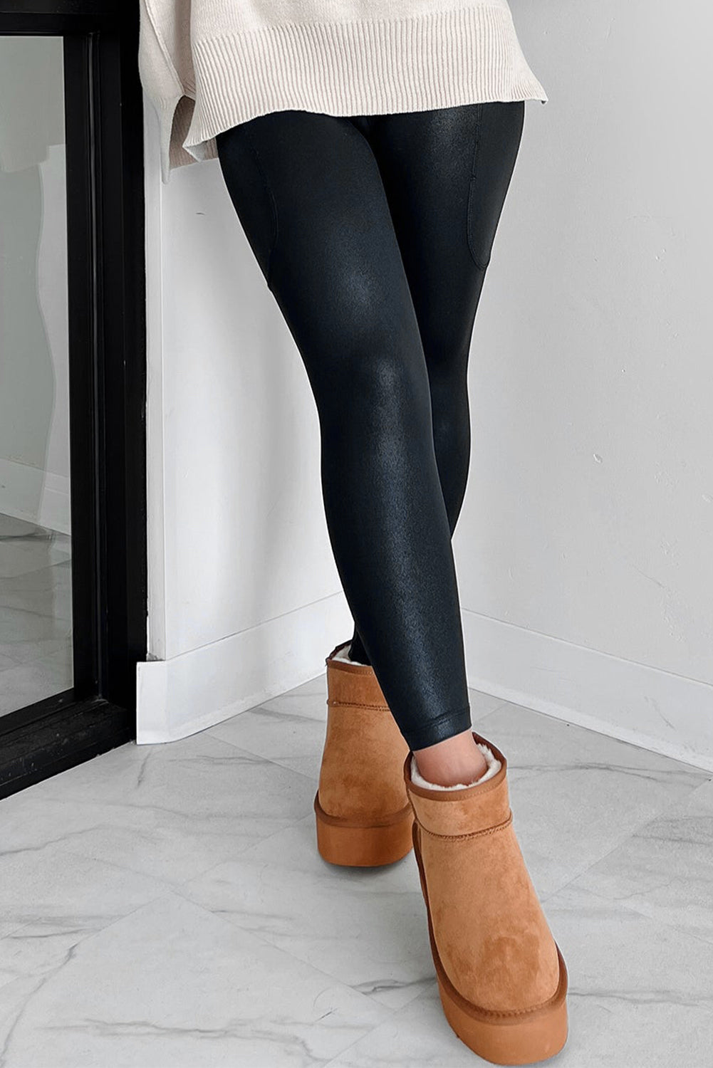 Black V Crossover High Waist Faux Leather Leggings Daisie Boutique