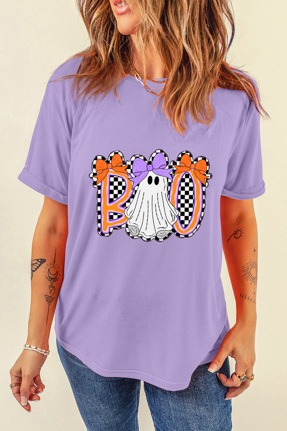 Boo Checkered Bow Ghost Halloween Graphic Tee Dear-Lover Dropshipping