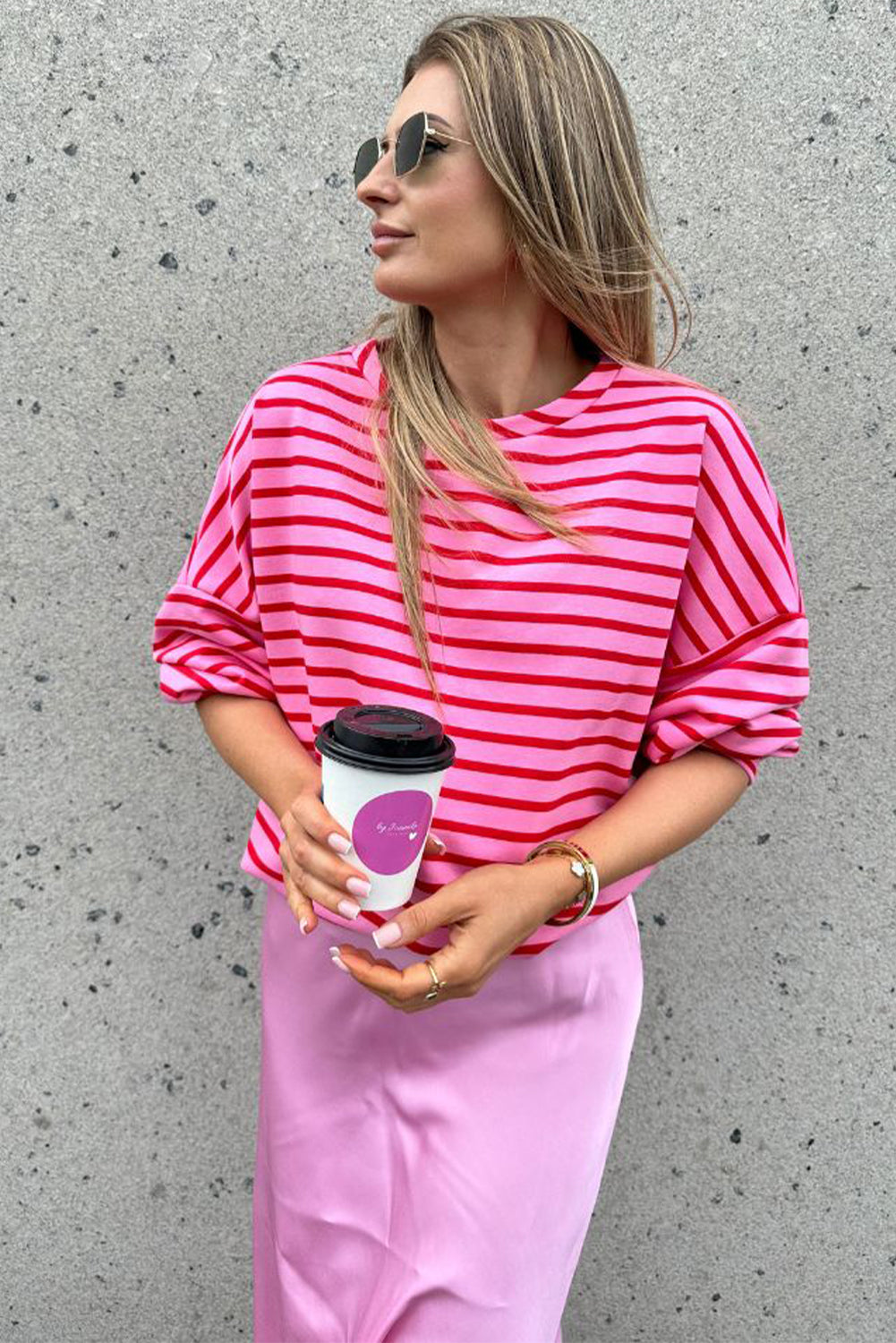 Sachet Pink Striped Print Crew Neck Drop Shoulder Sweatshirt Daisie Boutique