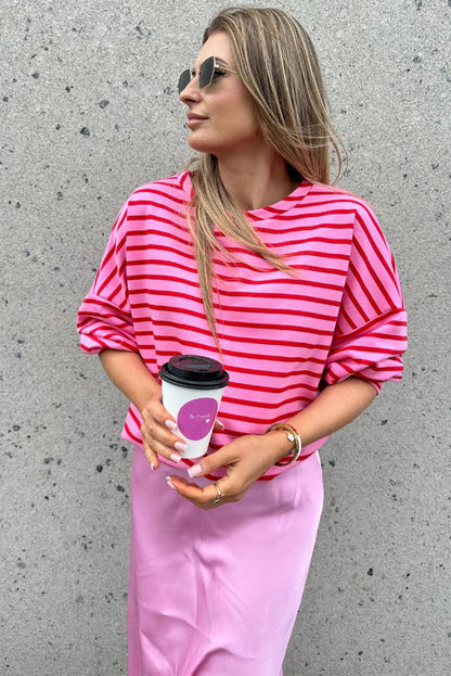 Sachet Pink Striped Print Crew Neck Drop Shoulder Sweatshirt Daisie Boutique