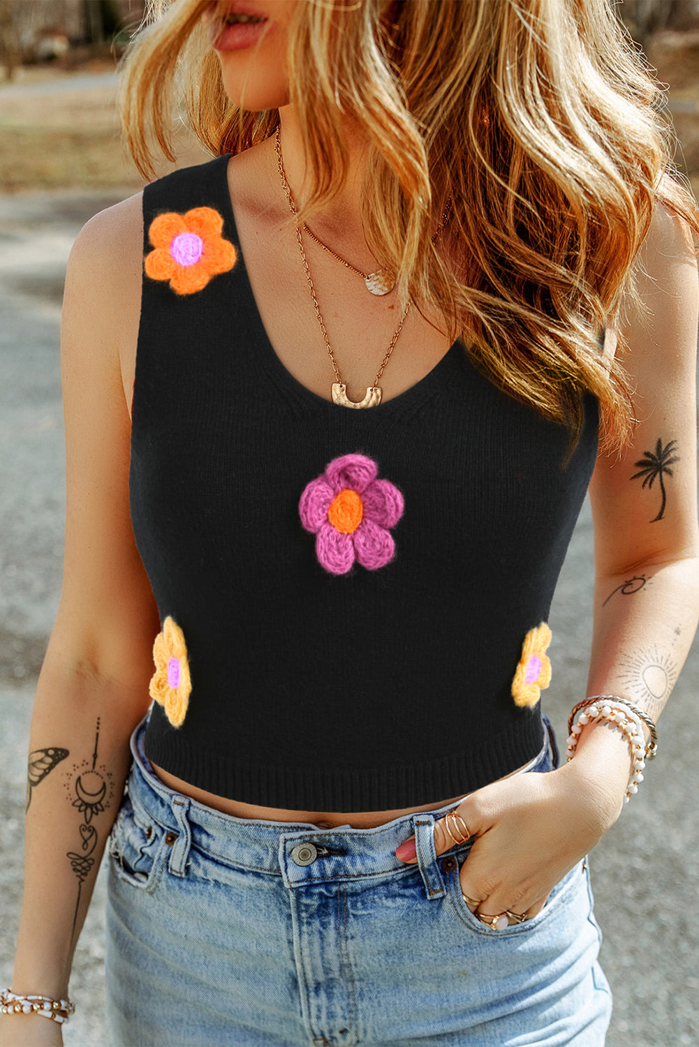 3D Flower Cropped Sweater Vest Daisie Boutique