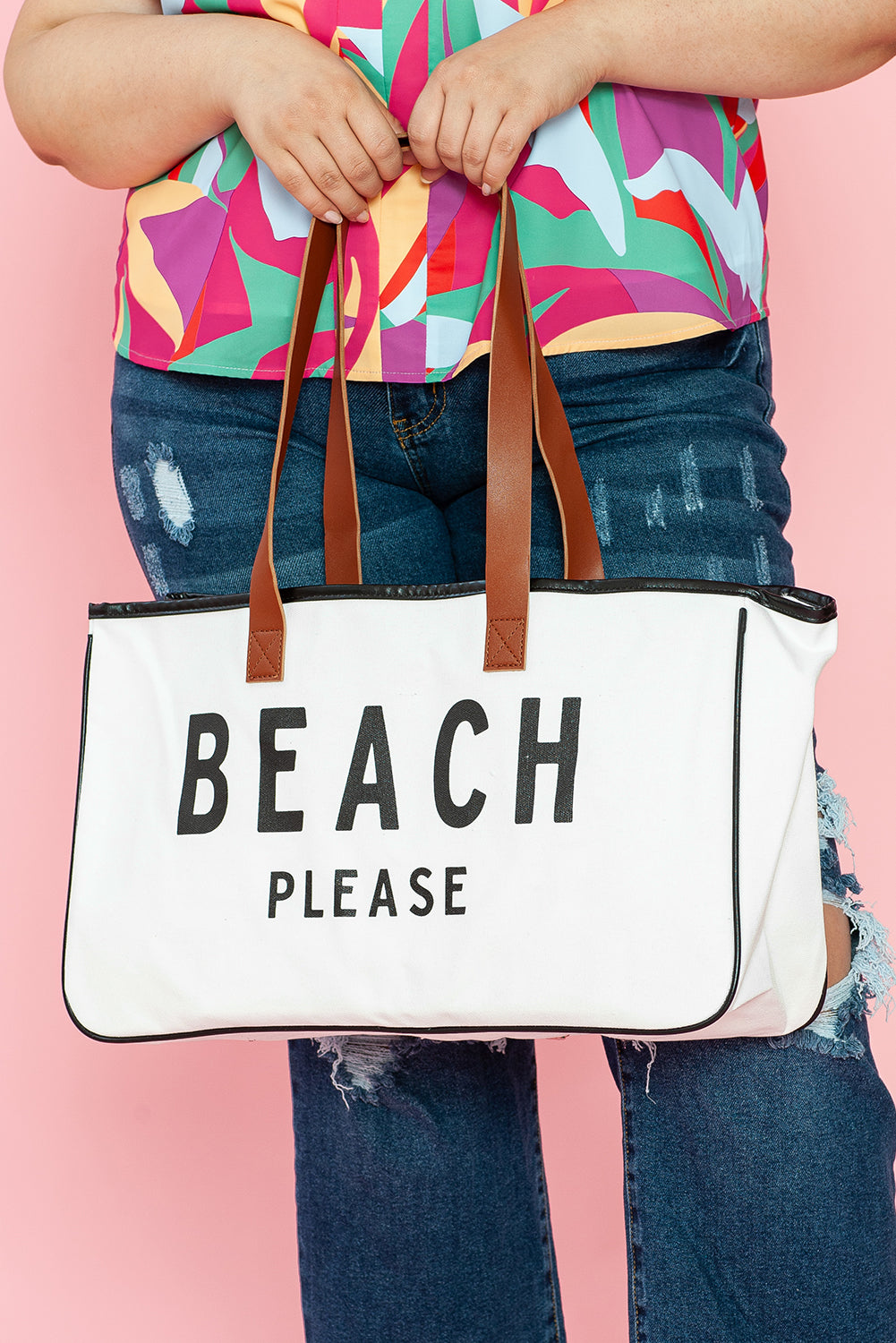 BEACH PLEASE Print Large Canvas Tote Bag - White Daisie Boutique